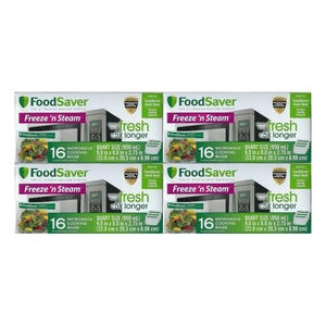 FoodSaver Freeze 'n Steam Microwave Cooking Bags, 16 bags per pack, totaling 128 bags. Quart size (950 mL), dimensions: 9.0\“ x 8.0\“ x 2.75\“ (22.8 cm x 20.3 cm x 6.98 cm), designed to keep food fresh 5x longer.