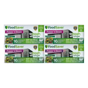 FoodSaver Freeze 'n Steam Microwave Cooking Bags, 16 bags per pack, totaling 128 bags. Quart size (950 mL), dimensions: 9.0\“ x 8.0\“ x 2.75\“ (22.8 cm x 20.3 cm x 6.98 cm), designed to keep food fresh 5x longer.