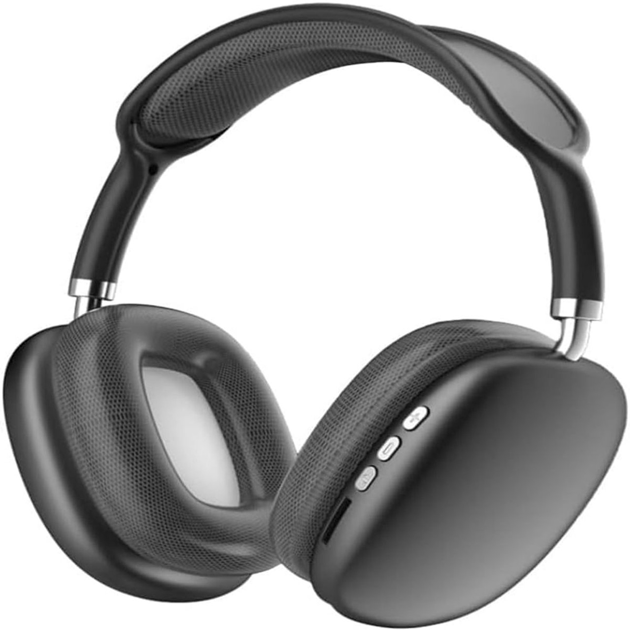 Over-ear wireless headphones with cushioned ear cups and adjustable headband, featuring control buttons on the side for volume and playback.
