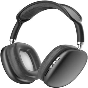 Over-ear wireless headphones with cushioned ear cups and adjustable headband, featuring control buttons on the side for volume and playback.
