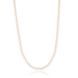 A classic pearl necklace featuring a strand of round, uniformly sized white pearls, displayed on a white background.