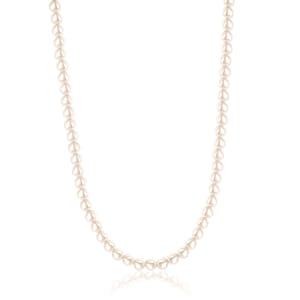 A classic pearl necklace featuring a strand of round, uniformly sized white pearls, displayed on a white background.