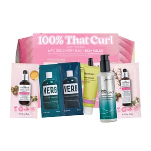 Curly hair discovery bag with six products: Curlsmith leave-in serum, Verb hydrate shampoo and conditioner, DevaCurl Wave Maker, Joico Curl Confidence defining crème, and Curlsmith bond salve.