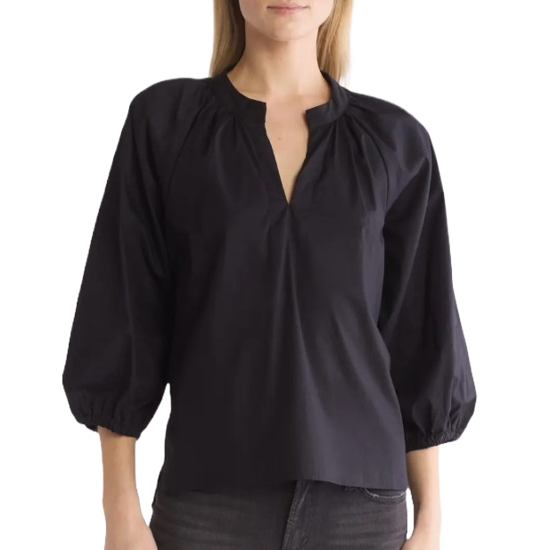 A black, three-quarter sleeve, V-neck top with gathered details at the shoulders and an easy, loose fit. Made of poplin fabric for a lightweight feel.