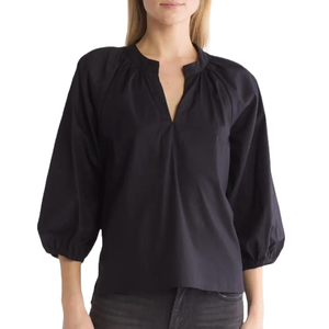 A black, three-quarter sleeve, V-neck top with gathered details at the shoulders and an easy, loose fit. Made of poplin fabric for a lightweight feel.