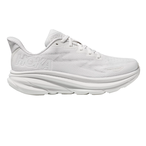 Hoka Women's Clifton 9 Shoes are all-white running shoes featuring a cushioned sole for comfort and support, with \“HOKA\“ branding on the side.