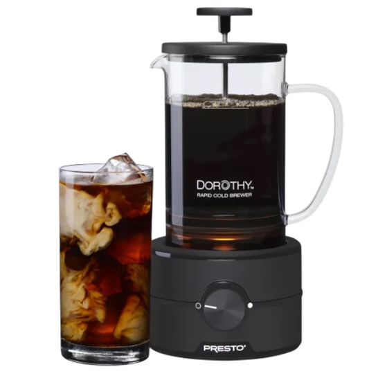 22oz Cold Brew Coffee Maker by Presto, labeled \“Dorothy Rapid Cold Brewer,\“ with a handle, glass carafe, and black base. Includes a knob for control and a glass of iced coffee with cream on the side.
