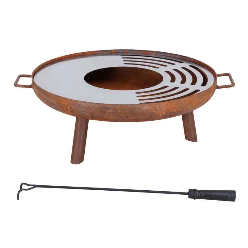28\“ rustic wood-burning fire pit with a circular design, features a grated cooking surface and two handles for easy handling. Comes with a poker for managing the fire.
