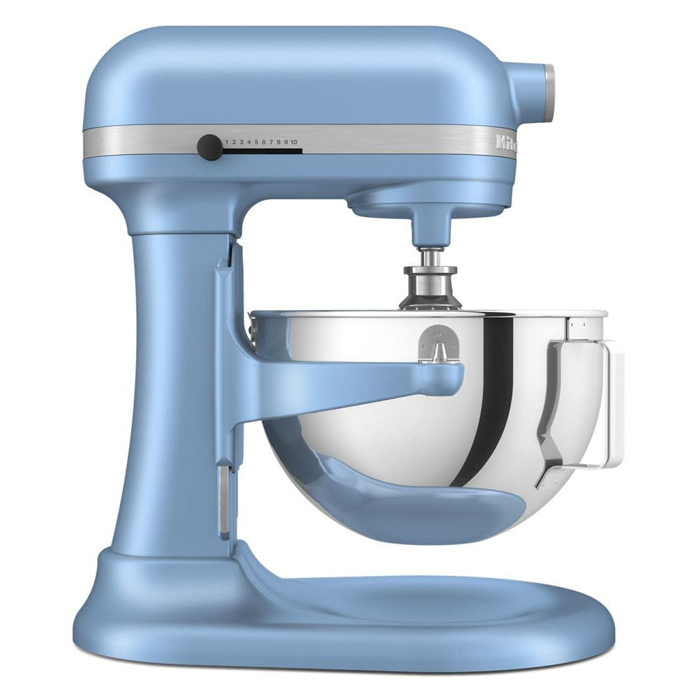 A blue stand mixer with a stainless steel mixing bowl, featuring a speed control dial numbered 1 to 10.