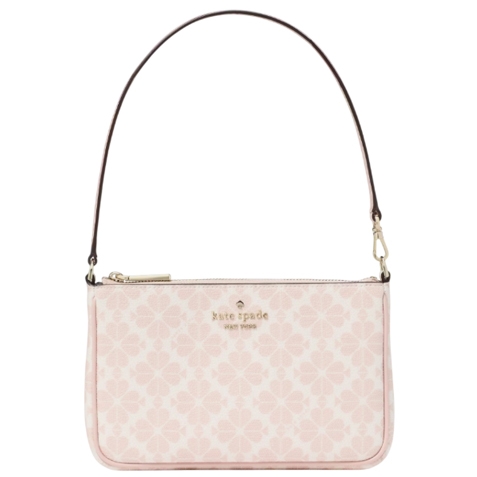 A pink Kate Spade shoulder bag with a floral pattern and gold-tone logo lettering on the front, featuring a single brown strap and a zip closure.