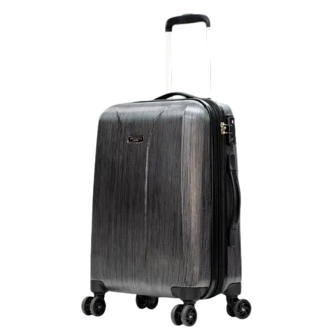 A black hardshell suitcase with four wheels, an extendable handle, and a textured surface design.