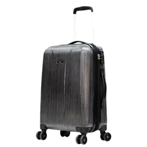 A black hardshell suitcase with four wheels, an extendable handle, and a textured surface design.