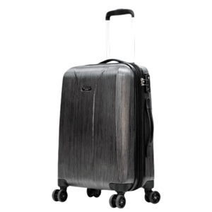 A black hardshell suitcase with four wheels, an extendable handle, and a textured surface design.