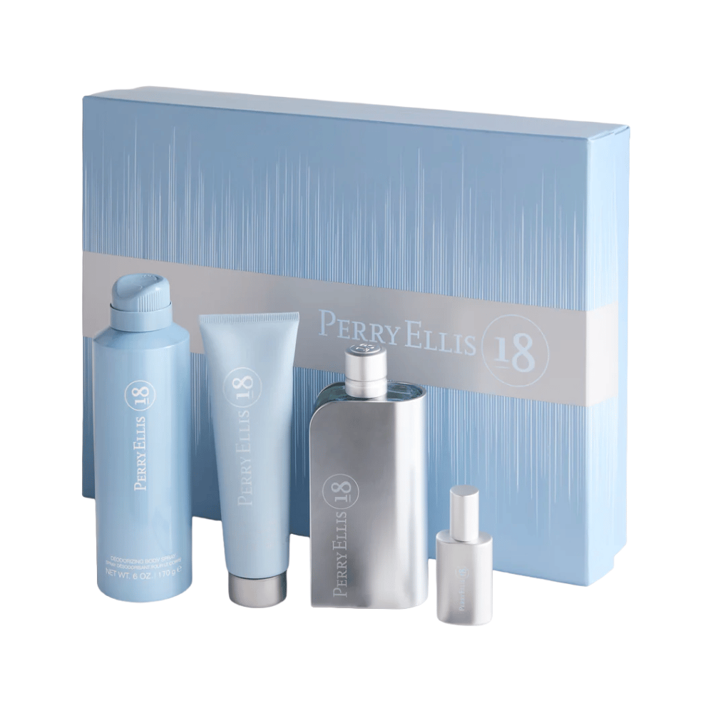Perry Ellis 18 gift set includes a deodorizing body spray, lotion, cologne in a sleek silver flask, and a smaller spray bottle, all packaged in a light blue box.