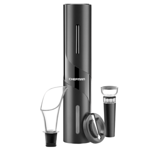 Electric wine opener set including an electric opener, wine stopper, foil cutter, and aerator, branded \“Chefman.\“
