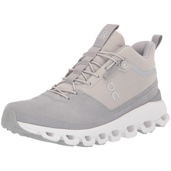 On Women's Cloud Hi Running Shoes are light gray with a high-top design, featuring a cushioned sole and unique linked lacing system for a modern look.