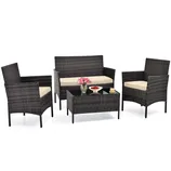 4-piece rattan patio set includes two armchairs, a loveseat, and a glass-top coffee table, all with beige cushions.