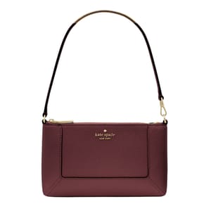 A maroon leather Kate Spade wristlet with a short strap, front pocket, and gold-tone hardware, featuring the brand's logo on the front.