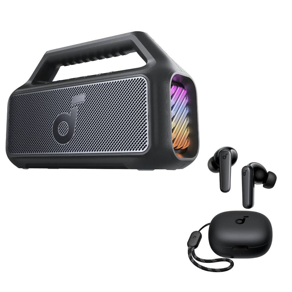 A portable Bluetooth speaker with a built-in handle and colorful side lights, alongside black wireless earbuds with a compact charging case.