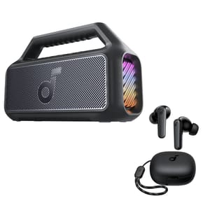 A portable Bluetooth speaker with a built-in handle and colorful side lights, alongside black wireless earbuds with a compact charging case.