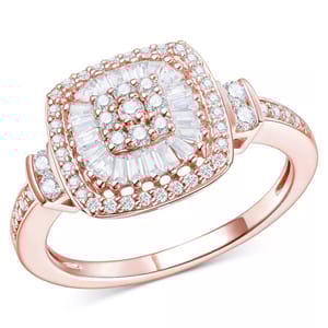 A rose gold ring featuring a cushion-shaped arrangement of round and baguette-cut diamonds, set in a double halo design with additional diamonds on the band.