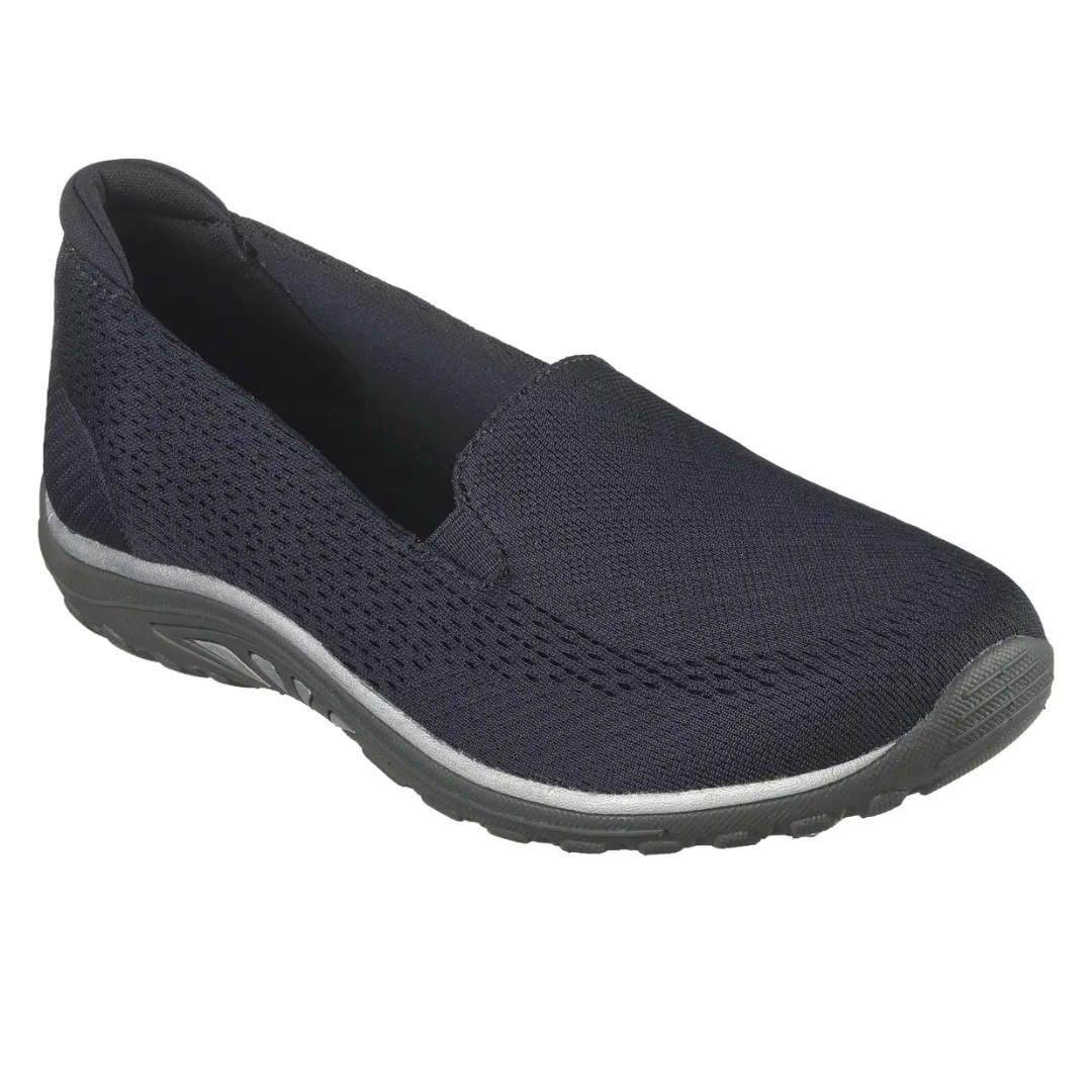 A black slip-on shoe with a breathable mesh upper and a sturdy, cushioned sole designed for comfort and casual wear.