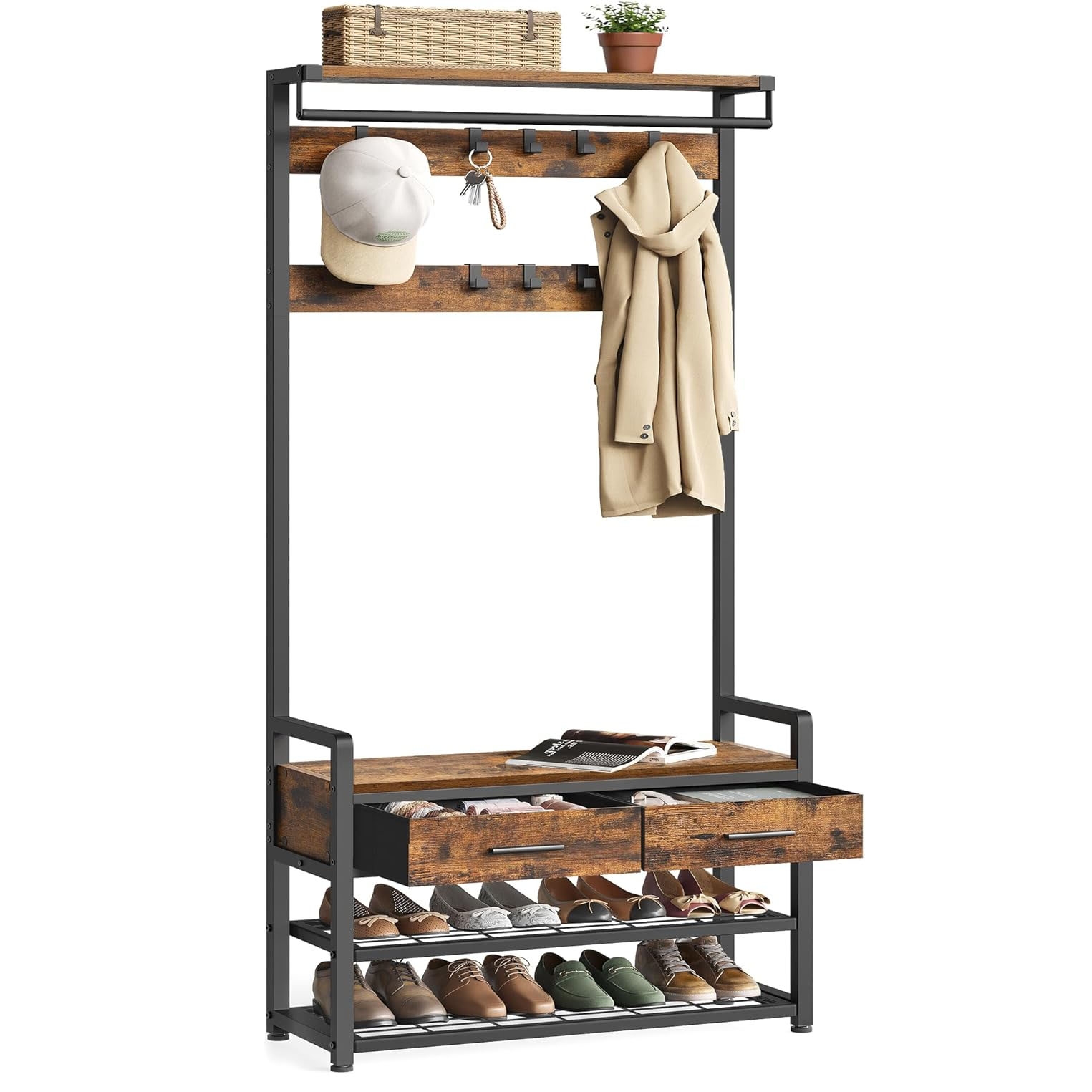 Hall tree with coat hooks, storage drawers, and shoe racks; features a metal frame with a wooden finish.