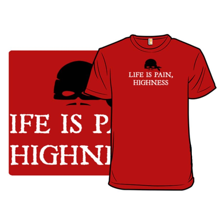 Red t-shirt with the phrase \“LIFE IS PAIN, HIGHNESS\“ in white text, featuring a black silhouette of a mask above the text.