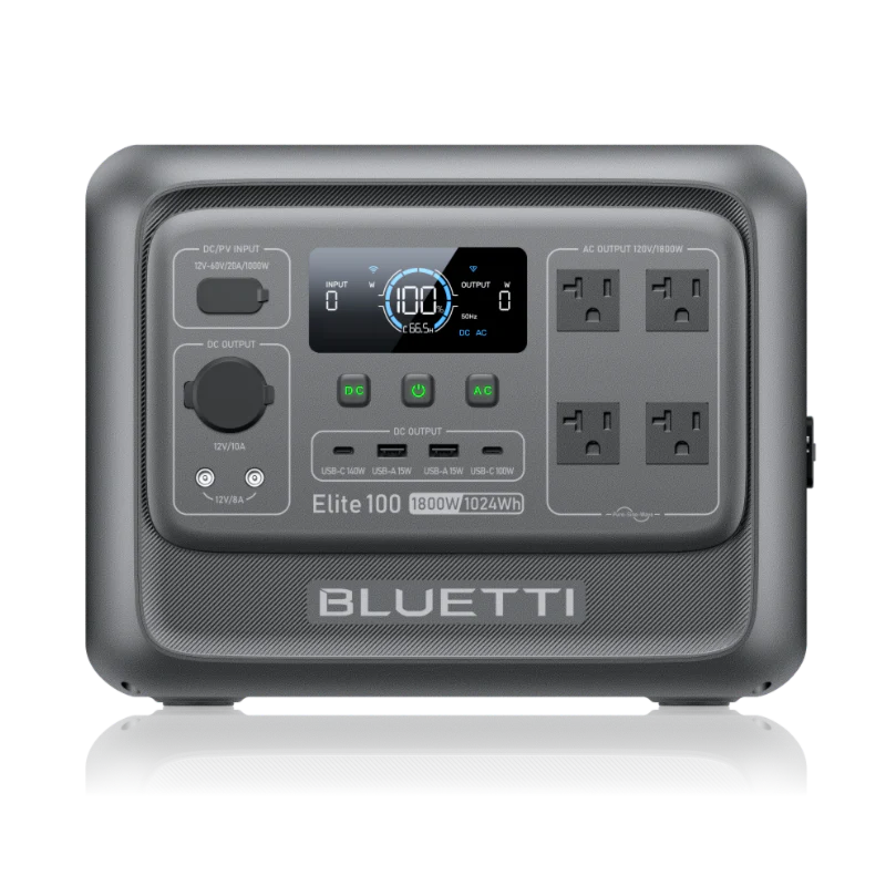 BLUETTI Elite 100 portable power station with 1800W capacity, featuring multiple DC and AC outputs, USB ports, and an LCD display for input and output monitoring.