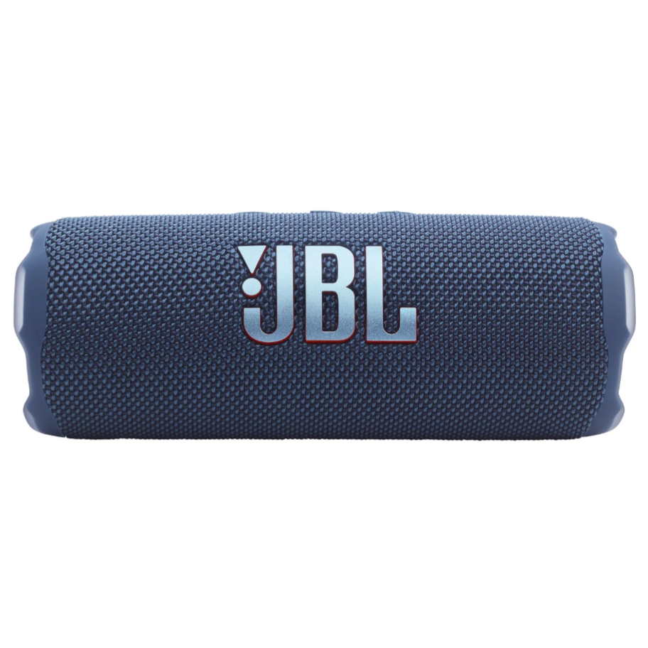 A blue cylindrical JBL portable Bluetooth speaker with a textured fabric exterior, featuring the JBL logo prominently on its side.