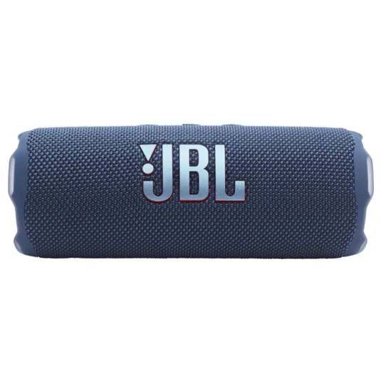 A blue cylindrical JBL portable Bluetooth speaker with a textured fabric exterior, featuring the JBL logo prominently on its side.