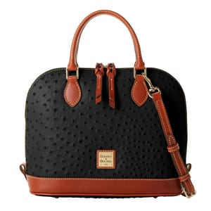 Black and brown Dooney & Bourke handbag with a textured design, featuring double handles and an adjustable shoulder strap.