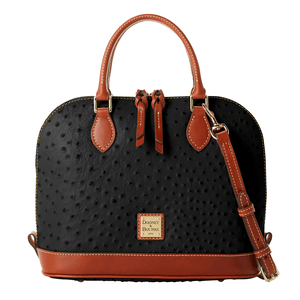 Black and brown Dooney & Bourke handbag with a textured design, featuring double handles and an adjustable shoulder strap.