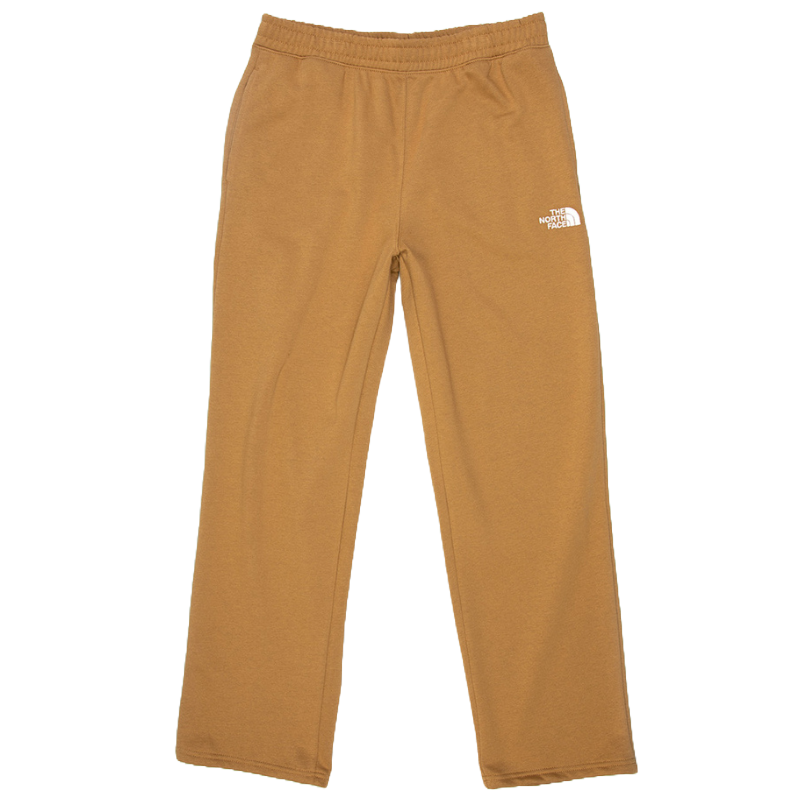 Brown sweatpants with an elastic waistband and a white \“The North Face\“ logo on the front.
