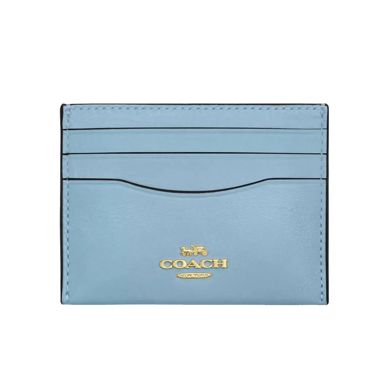 Light blue Coach cardholder with gold logo and multiple card slots.