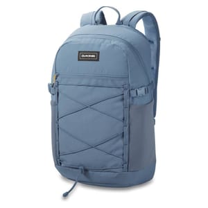 A light blue Dakine hiking backpack featuring padded shoulder straps, a top handle, front zip pocket, bungee cord system on the front, and side mesh pockets for added storage.