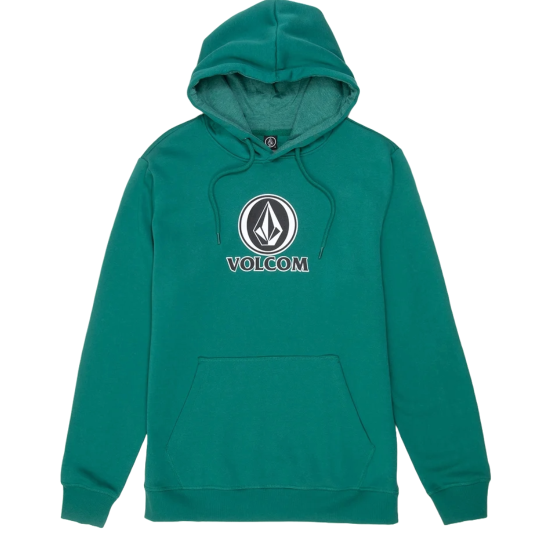 Green Volcom men's hoodie with a drawstring hood, featuring a central black and white Volcom logo and front kangaroo pocket.