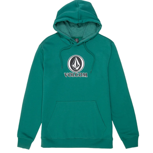 Green Volcom men's hoodie with a drawstring hood, featuring a central black and white Volcom logo and front kangaroo pocket.