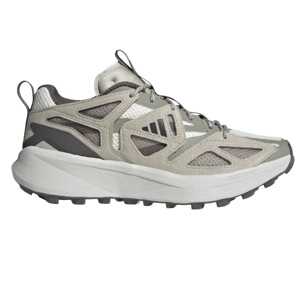 Trail running shoe in shades of beige, gray, and white, featuring a textured design with fortified overlays, meant for outdoor activities and stability.