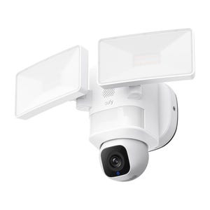 The Eufy Floodlight Camera is a white outdoor security device featuring dual adjustable LED lights and a camera for surveillance, designed to illuminate and monitor areas.