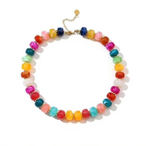 A necklace featuring colorful, rounded beads in a gradient of shades, with an adjustable gold chain clasp.