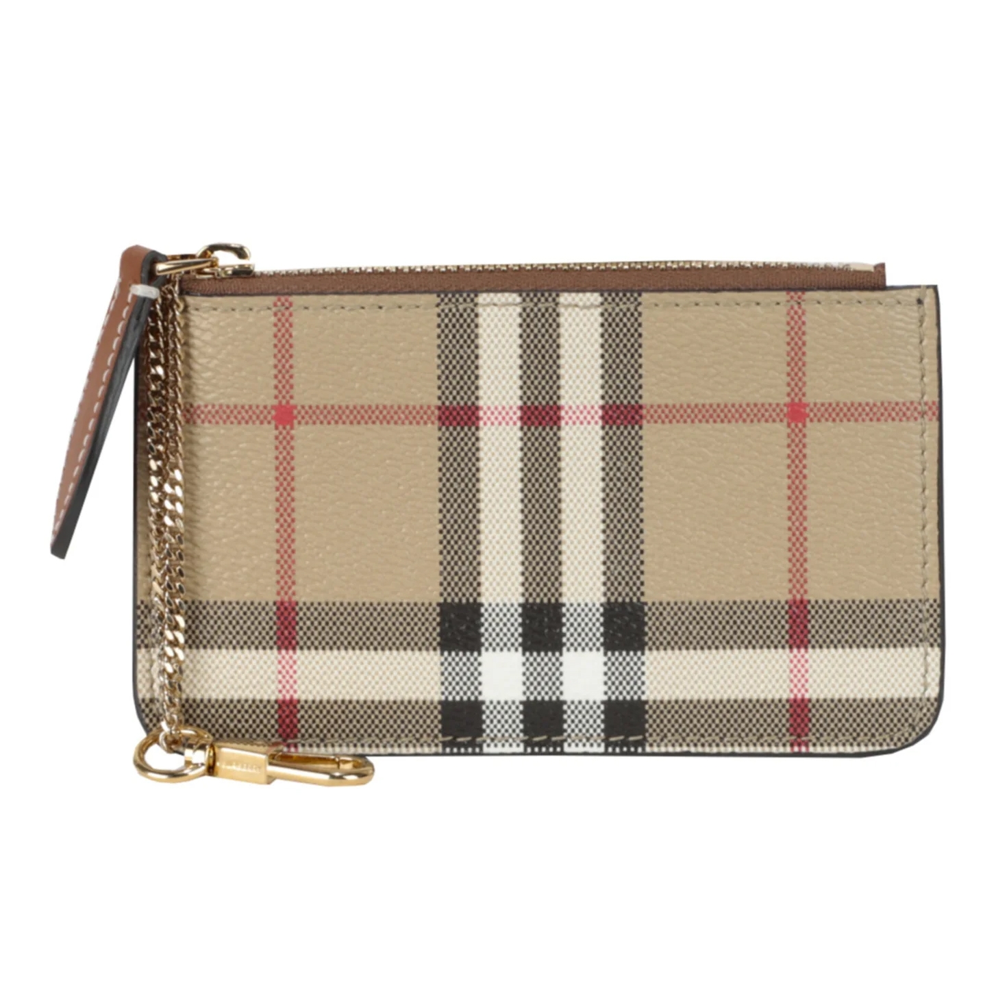 The Burberry Kelbrook Check Coin Case features a classic beige check pattern with red and black accents, a zipper closure, and a gold chain with a clasp.