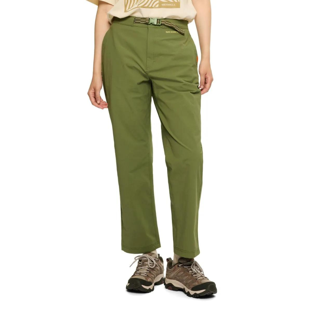 Olive green pants with an integrated belt, paired with brown hiking shoes.