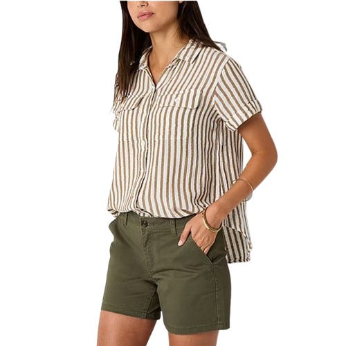 Olive green 5\“ mid-rise chino shorts with side and back pockets, offering a relaxed fit and casual style.