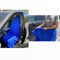 A blue covering is shown on a car seat and being used as a wearable towel by a person.