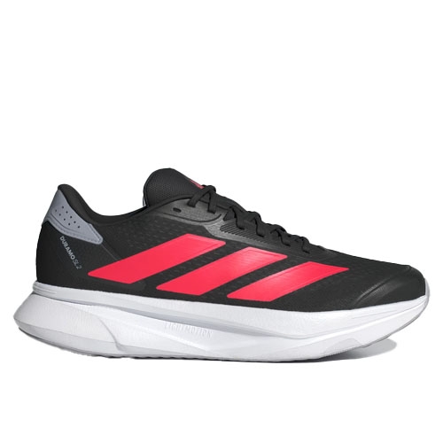 A black running shoe with red stripes and a white sole, featuring \“Lighstrike\“ cushioning technology and reflective elements on the heel.