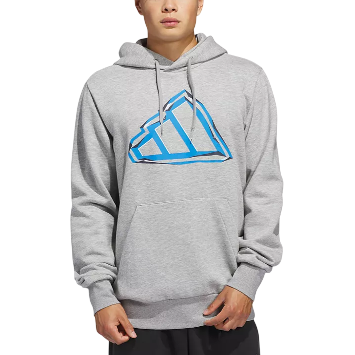 A person is wearing a gray hoodie featuring a stylized blue logo design on the front, with drawstrings and a front pocket.