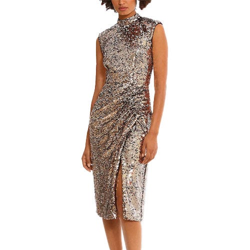 A sleeveless, high-neck dress adorned with sequins, featuring an asymmetrical gathered waist and a slit on the side.