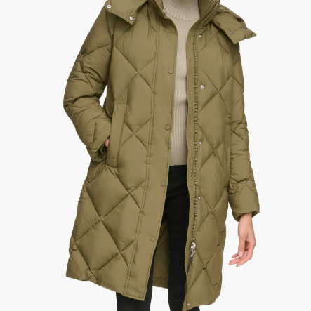 A long olive green, quilted coat with a detachable hood, zip and snap button closure, featuring two front pockets.