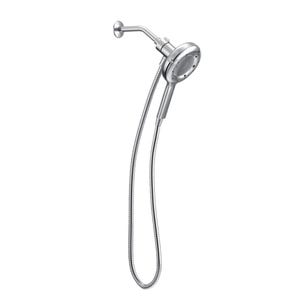 This is a handheld showerhead with a round, adjustable head connected to a flexible hose and an upper mounting bracket for docking when not in use. The finish is chrome.